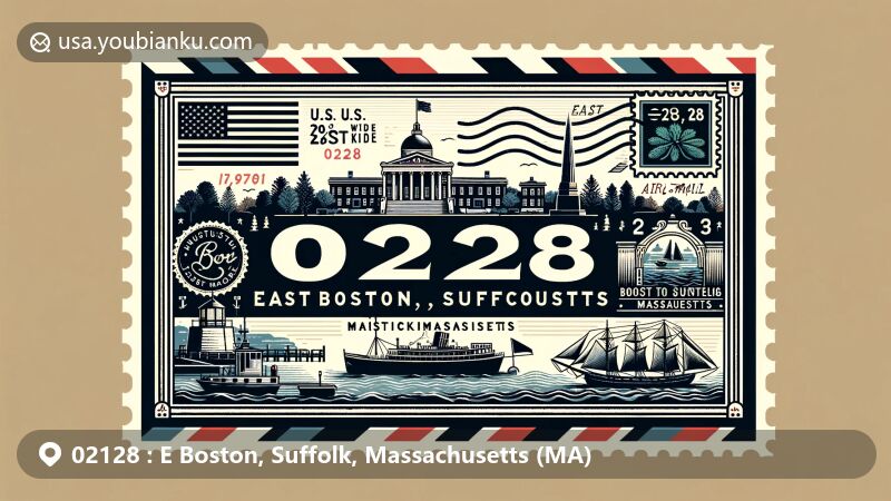 Modern illustration of East Boston, Suffolk, Massachusetts, capturing the essence of ZIP code 02128 with Boston Public Garden and Massachusetts state flag, seamlessly integrated into a postal theme with historic maritime elements.