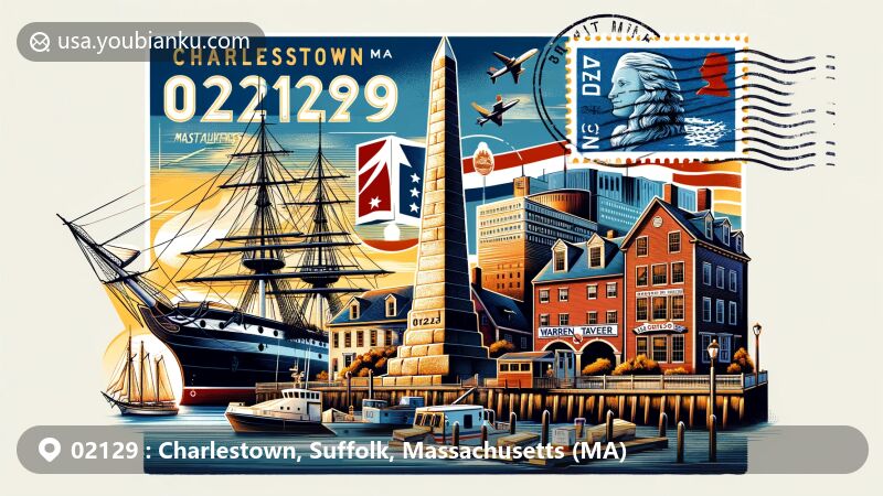 Modern illustration of Charlestown, Suffolk, Massachusetts, showcasing postal theme with ZIP code 02129, featuring Bunker Hill Monument and Charlestown Navy Yard with USS Constitution.