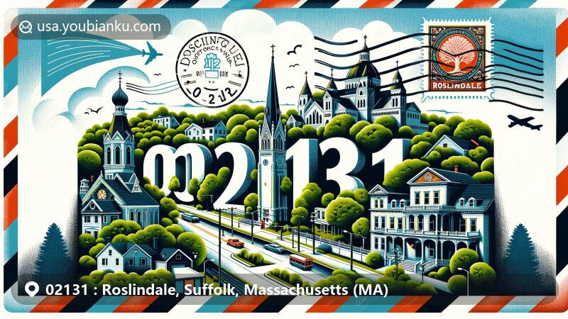 Modern illustration of Roslindale, Suffolk County, Massachusetts, showcasing postal theme with ZIP code 02131, featuring Adams Park, Roslindale Square, and architectural inspirations from the Russian Orthodox Church.