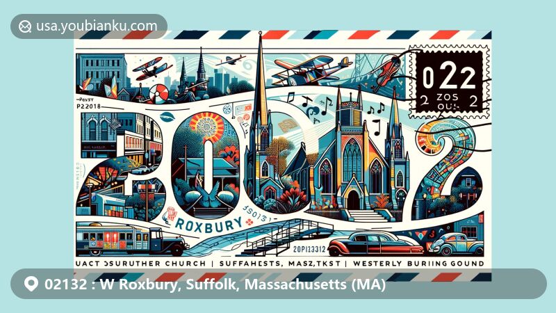 Modern illustration of W Roxbury, Suffolk, Massachusetts (MA) featuring Theodore Parker Church, Westerly Burying Ground, jazz music, and African American culture, with postal elements and ZIP code 02132.