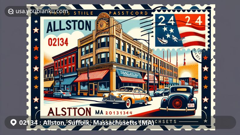 Modern illustration of Allston, Suffolk County, Massachusetts, showcasing vibrant Brighton Avenue with diverse restaurants and Packard dealership, featuring Harvard Stadium silhouette and postal elements.