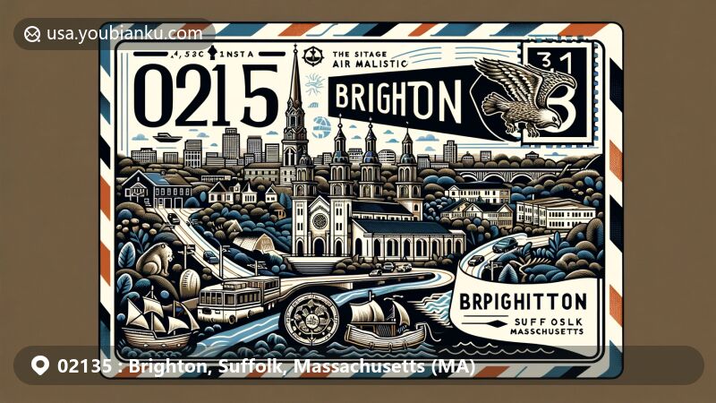 Illustration of Brighton, Suffolk, Massachusetts, with postal theme and diverse cultural heritage, featuring St. Gabriel's Monastery and Massachusetts state flag.