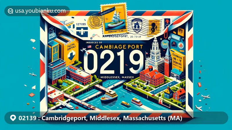 Modern illustration of Cambridgeport, Middlesex, Massachusetts (MA), highlighting postal theme with ZIP code 02139, featuring iconic landmarks like Harvard Business School and Charles River, alongside Massachusetts state symbols.