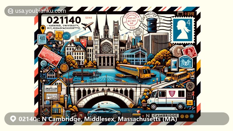 Modern illustration of N Cambridge, Middlesex, Massachusetts, showcasing postal theme with ZIP code 02140, featuring landmarks like Harvard University, MIT, Longfellow Bridge, and Charles River.
