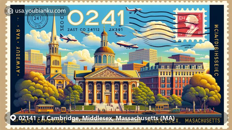 Modern illustration of East Cambridge, Middlesex, Massachusetts, highlighting postal theme with ZIP code 02141, featuring iconic landmarks like 1827 Federal-style church and Middlesex County Courthouse, reflecting the area's judicial heritage. Includes elements representing Harvard University and MIT, showcasing Cambridge's educational and cultural significance.