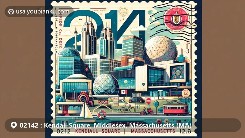 Modern illustration of Kendall Square, Middlesex, Massachusetts, featuring MIT's iconic Stata Center and high-tech buildings, incorporating state symbols like the Massachusetts flag, with a postage stamp and postmark showcasing ZIP code 02142.