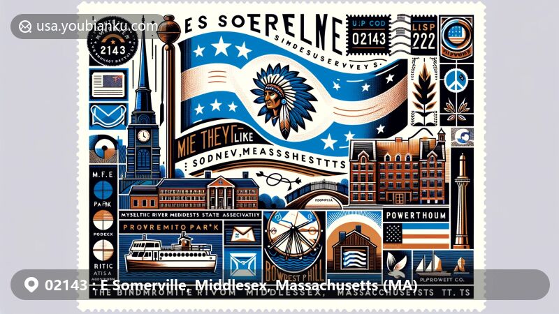 Fashionable postcard illustration of E Somerville, Middlesex, Massachusetts, showcasing ZIP code 02143, featuring Massachusetts state flag, Native American symbolizing peace, and local landmarks like Assembly Row and Prospect Hill Monument.