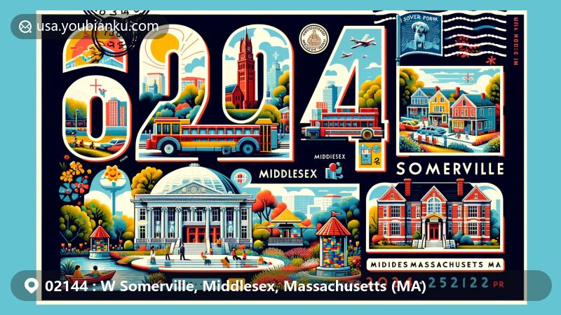Modern illustration of W Somerville, Middlesex, Massachusetts, featuring bold '02144' ZIP Code design, Central Library, Powder House Park's greenery, and LEGO Discovery Center Boston, with postal elements and Massachusetts state flag.