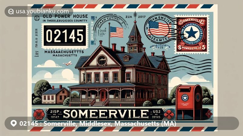 Modern illustration of Nathan Tufts Park, Somerville, Middlesex County, Massachusetts, featuring the Old Powder House historic landmark and the Massachusetts state flag, incorporating postal elements like vintage airmail border, decorative stamp, 02145 ZIP code postmark, and red postal mailbox.
