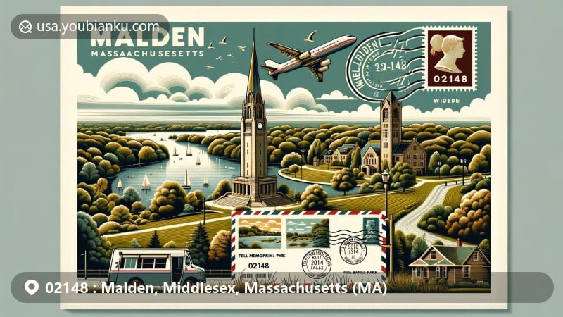 Modern illustration of Malden, Massachusetts, featuring iconic landscapes like Bell Rock Memorial Park's tower, Fellsmere Park's scenic lake, and Pine Banks Park. Includes vintage stamp, postmark with ZIP code 02148, classic mailbox, and mail truck.
