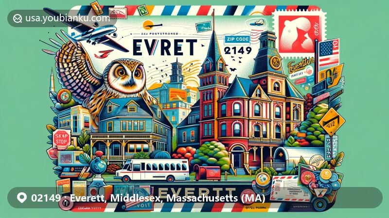 Modern illustration of Everett, Massachusetts, featuring postal theme with ZIP code 02149, showcasing Owl Den, Edward Everett House, Glendale Park, Governor Bellingham-Cary House, and Edward Everett Square.