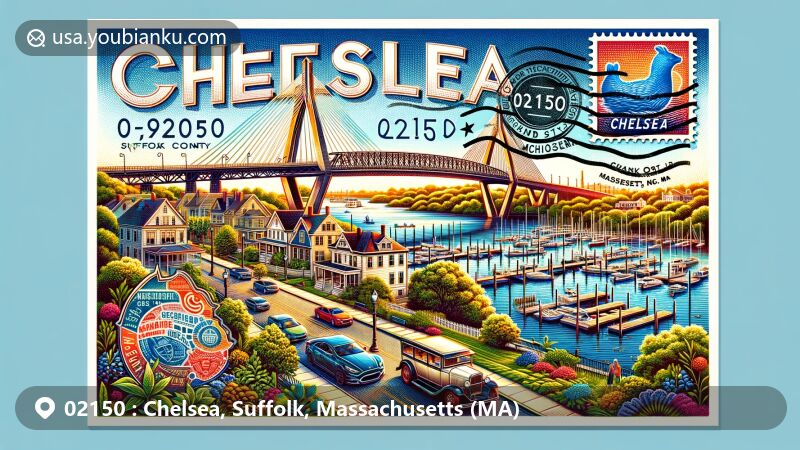 Artistic representation of Chelsea, Suffolk County, Massachusetts, featuring Tobin Bridge, Mary O'Malley Waterfront Park, and Governor Bellingham-Cary House, with vintage stamp and USPS elements.