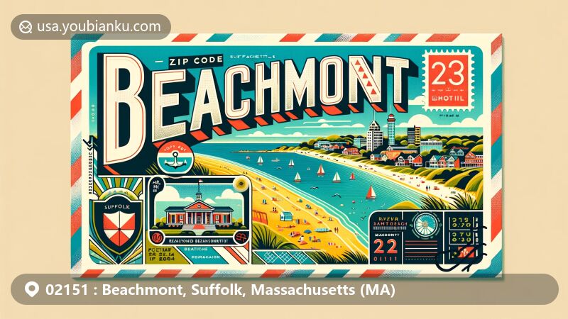 Modern illustration of Beachmont, Suffolk County, Massachusetts, showcasing coastal scenery near Revere Beach with iconic elements like Suffolk County map and Massachusetts state flag, styled in vintage air mail envelope theme with ZIP code 02151.