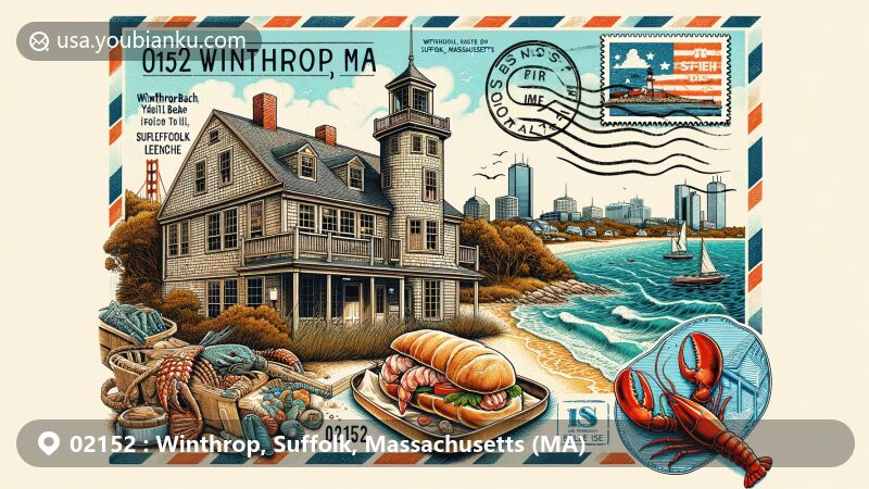 Modern illustration of Winthrop, Suffolk, Massachusetts, depicting Deane Winthrop House, Yirrell Beach, and Belle Isle Seafood, with postal theme featuring ZIP code 02152 and Massachusetts state symbols.