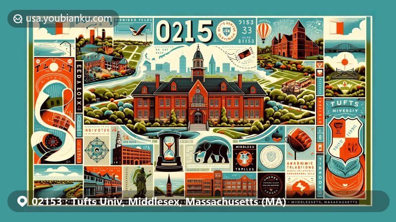 Modern illustration of Tufts University in Middlesex County, Massachusetts, showcasing iconic buildings like Ballou Hall, scenic Middlesex Fells Reservation, historical elements of Medford, campus traditions, and academic collaborations, all in a wide postcard format with postal theme for ZIP code 02153.