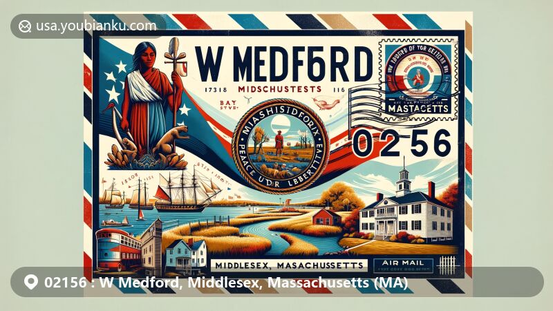 Modern illustration of W Medford, Middlesex, Massachusetts, featuring creative air mail envelope with Massachusetts state flag, Isaac Royall House, Mystic River Reserve, and ZIP code 02156, adorned with postal elements and Bay State Tartan stamp design.