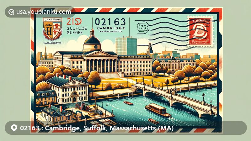 Modern illustration of Cambridge, Suffolk, Massachusetts, featuring iconic elements like the Charles River, Harvard University, and the Fitzwilliam Museum, with vintage postal theme including ZIP code 02163.