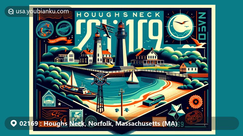 Modern illustration of Houghs Neck, Norfolk County, Massachusetts, depicting Great Hill Observatory, beach at Hough's Neck and Raccoon Island, framed with postal theme elements including vintage stamps, postal mark, and ZIP code 02169.
