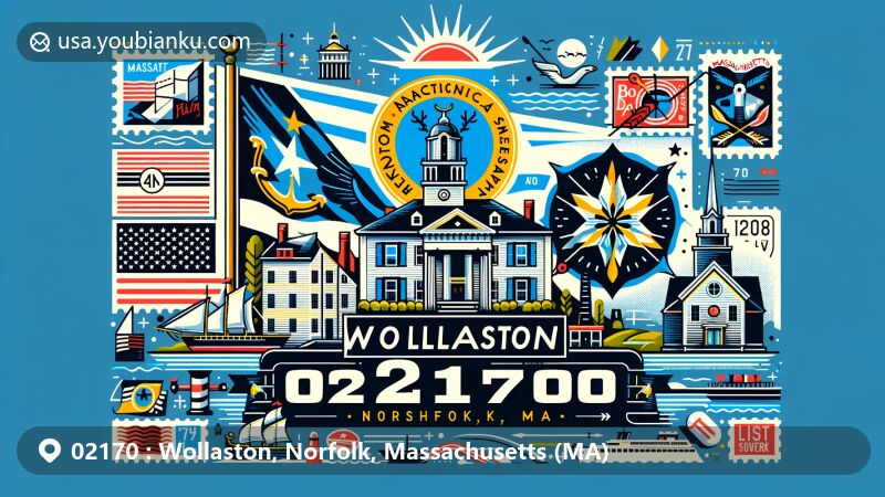 Modern illustration of Wollaston, Norfolk, Massachusetts, showcasing iconic landmarks like Wollaston Beach, Josiah Quincy House, and First Baptist Church, along with Massachusetts state flag and famous sites like Boston National Historical Park, Cape Cod National Seashore, and Plymouth Rock, integrated with postal elements including postcards, stamps, and postmarks with '02170' and 'Wollaston, Norfolk, MA' featured.
