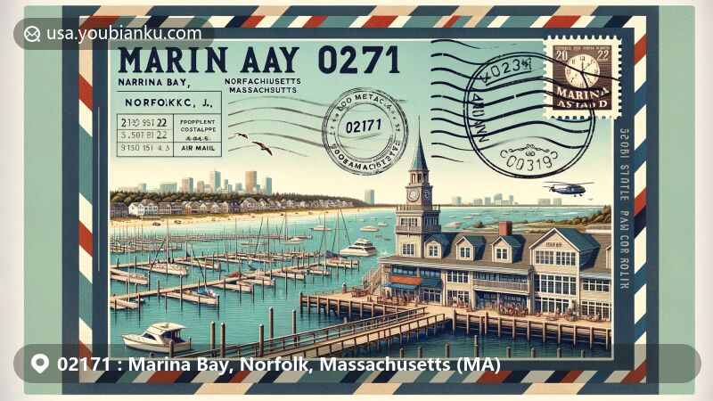 Modern illustration of Marina Bay, Norfolk County, Massachusetts, featuring Nantucket-style boardwalk, vibrant waterfront restaurants, Boston skyline, and postal theme with vintage stamp and postal mark.