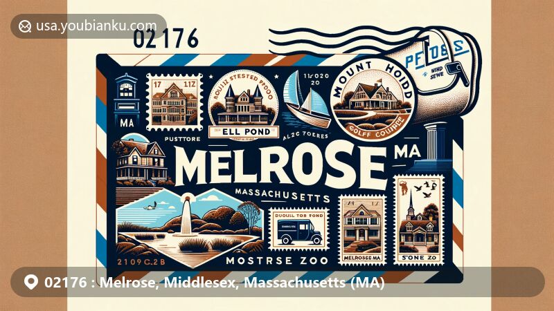 Modern illustration of airmail envelope featuring postal code 02176 for Melrose, Massachusetts, showcasing Ell Pond, Victorian architecture, Mount Hood Golf Course, and Stone Zoo stamps on a stylized map background with landmark highlights, including classic American mailbox and mail van.