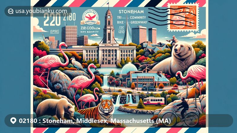 Contemporary illustration of Stoneham, Massachusetts, showcasing regional attractions and postal elements for ZIP code 02180, including Bear Hill Tower, Stone Zoo animals, Greater Boston Stage Company, Tri-Community Bike/Greenway, Whip Hill Park, and Stoneham Historical Society & Museum exhibits.