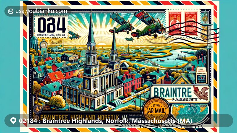 Colorful illustration of Braintree Highlands, Norfolk County, Massachusetts, showcasing postal theme with ZIP code 02184, featuring landmarks and symbols related to General Sylvanus Thayer, Presidents John Adams and John Quincy Adams.
