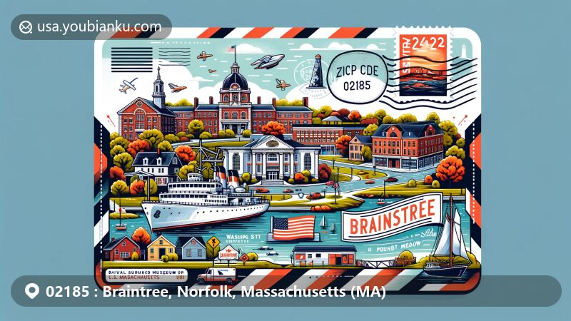 Modern illustration of Braintree, Massachusetts, showcasing postal theme with ZIP code 02185, featuring Washington Street, USS Salem, and Pond Meadow Park.