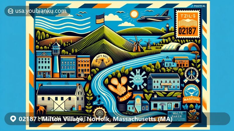 Modern illustration of Milton Village, Norfolk County, Massachusetts, highlighting postal theme with ZIP code 02187, featuring Great Blue Hill, Walter Baker Chocolate Factory, and Massachusetts state symbols.
