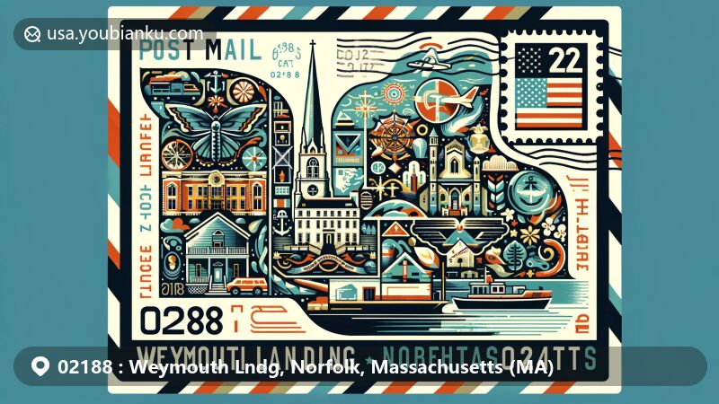 Modern illustration of Weymouth Landing, Norfolk County, Massachusetts, featuring stylized map, Union Church, Irish heritage, and postal elements with ZIP code 02188.