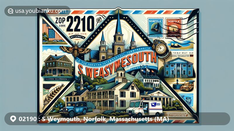 Modern illustration of S Weymouth, Norfolk, Massachusetts (MA) postal-themed envelope featuring state flag, Columbian Square, Old South Union Congregational Church, Blue Hills Trailside Museum, stamps, postal mark, and ZIP Code 02190.