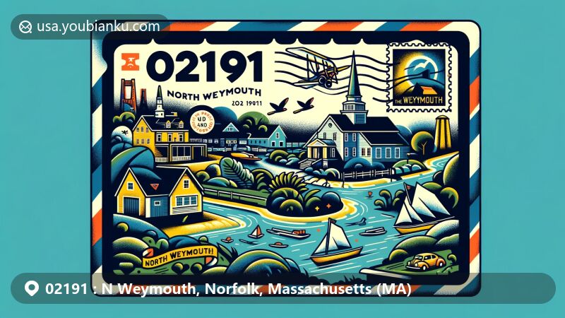 Modern illustration of North Weymouth, Massachusetts, showcasing postal theme with ZIP code 02191, featuring landmarks like Weymouth Back River and Fore River, along with elements from Abigail Adams Historical Society.