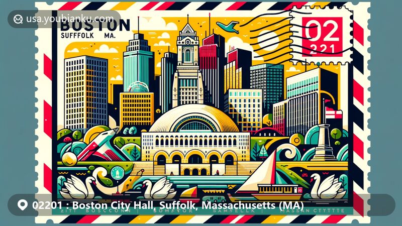 Modern illustration of Boston City Hall, Suffolk, Massachusetts, showcasing postal theme with ZIP code 02201, featuring Brutalist architecture, Bunker Hill Monument, and Swan Boats from Boston Public Garden.