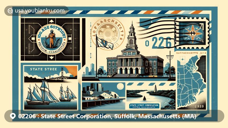 Modern illustration of ZIP Code 02206, showcasing the historic Old State House of Boston, Massachusetts state flag with Native American design, and postal theme with airmail envelope and Suffolk County map silhouette.