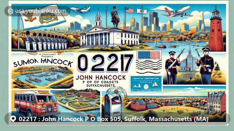 Modern illustration of John Hancock P O Box 505, Suffolk, Massachusetts, featuring iconic landmarks like the Armory of the First Corps of Cadets and Arnold Arboretum, blended with the Boston cityscape, postal elements, and vibrant colors.