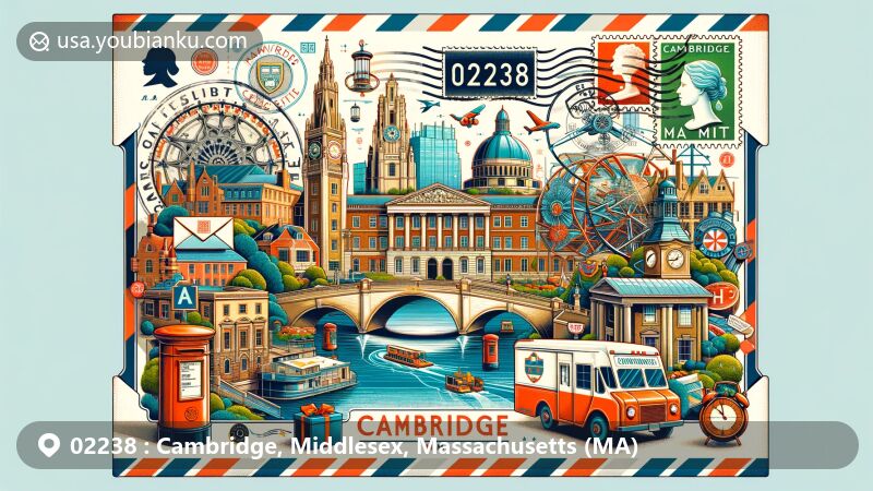 Modern illustration of Cambridge, Massachusetts, depicting iconic landmarks like Harvard University, MIT, Charles River, and more, with postal theme and '02238' ZIP code, featuring vibrant colors and additional elements like classic mailbox.