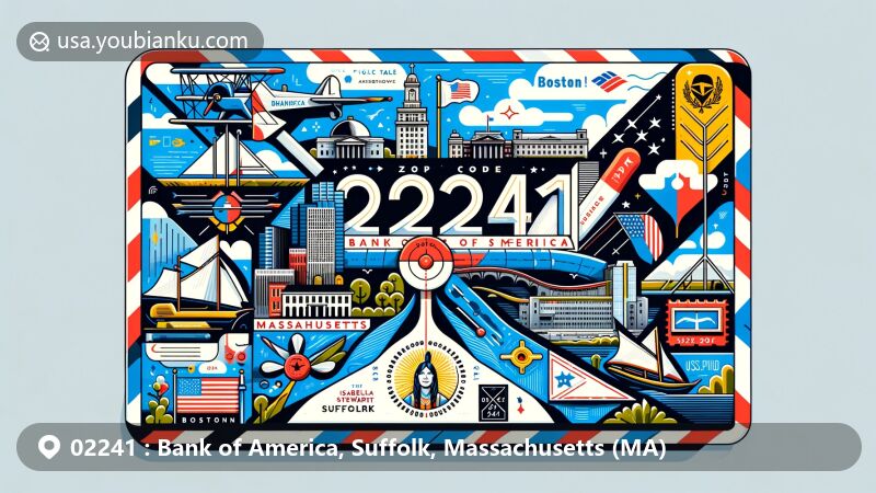 Modern illustration of ZIP code 02241 in Bank of America, Suffolk, Massachusetts, showcasing iconic Boston landmarks like Fenway Park, Freedom Trail, Gardner Museum, USS Constitution, and Massachusetts state flag.