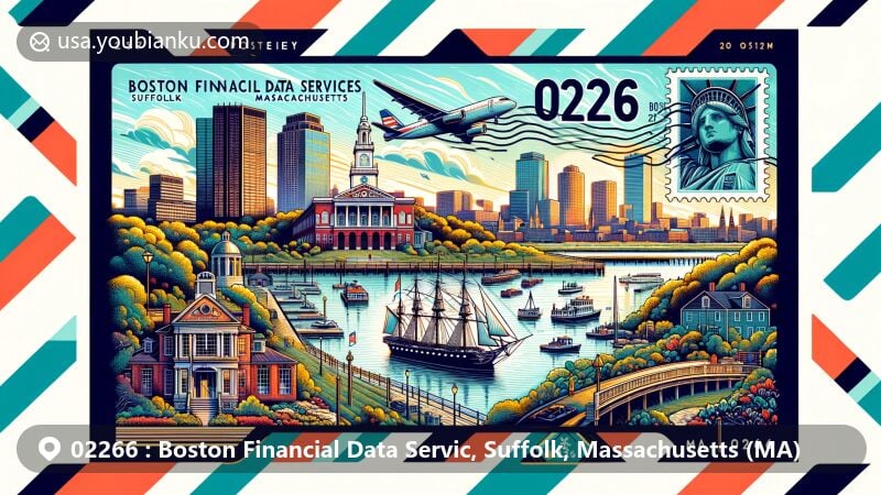 Colorful illustration of Boston Financial Data Services area, featuring Boston Public Garden, Old State House, city skyline, and USS Constitution stamp, perfect for postal theme webpage.