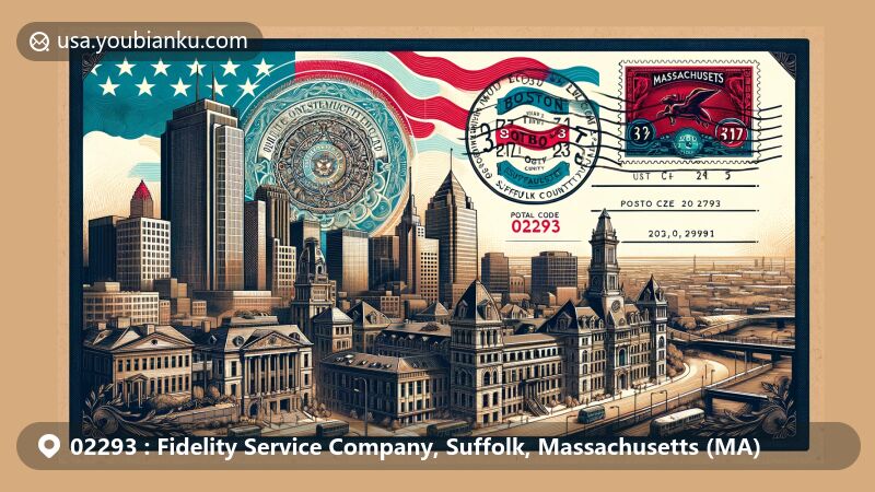 Modern illustration of Boston, Suffolk County, Massachusetts, showcasing the connection with ZIP code 02293. Left side features detailed sketch of Boston skyline with historical buildings and modern skyscrapers. Right side integrates postal elements like vintage postage stamp, classic postal mark, and traditional air mail envelope.