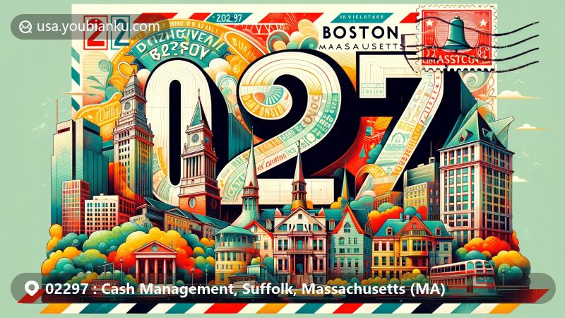 Modern illustration of Boston, Massachusetts showcasing postal theme with ZIP code 02297, featuring iconic landmarks like Faneuil Hall, Boston Public Garden, and Boston Public Library.