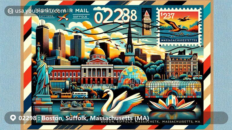 Modern illustration of Boston, Suffolk, Massachusetts, showcasing postal theme with ZIP code 02298, featuring iconic landmarks like Boston Museum of Fine Arts, Public Garden with 'Make Way for Ducklings', Boston Public Library, Symphony Hall, Bunker Hill Monument, and Faneuil Hall Marketplace.