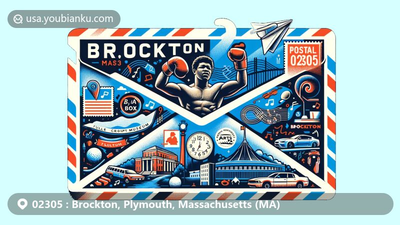 Modern illustration of Brockton, Plymouth County, Massachusetts, showcasing postal theme with ZIP code 02305, featuring Rocky Marciano statue, Fuller Craft Museum, and golf course silhouette.