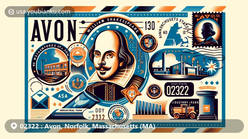 Modern illustration of Avon, Massachusetts, combining Shakespearean portrait, town seal, industrial symbols, and Massachusetts elements, with postal theme including vintage stamp, ZIP Code 02322 postmark, and classic mailbox.