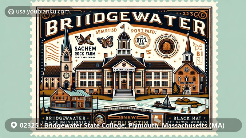 Modern illustration of Bridgewater, Plymouth County, Massachusetts, highlighting postal theme with ZIP code 02325, featuring Bridgewater State University's Boyden Hall, Sachem Rock Farm, and Black Hat Brew Works.