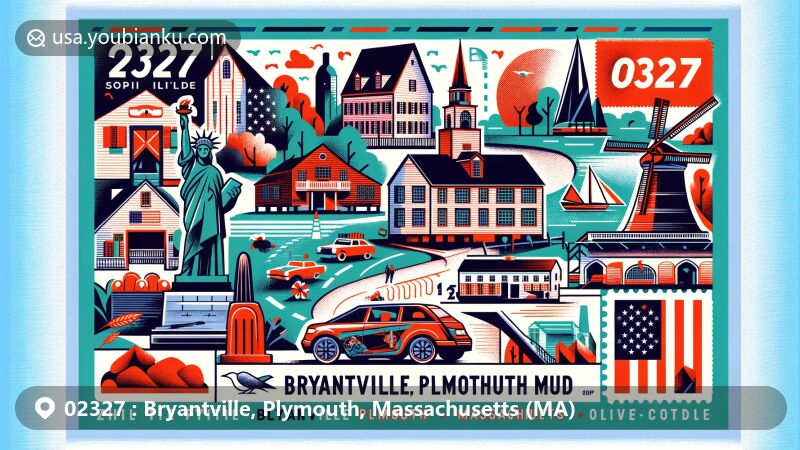 Modern illustration of Bryantville, Plymouth, Massachusetts, showcasing postal theme with ZIP code 02327, featuring Plymouth Rock, Pilgrim Hall Museum, National Monument to the Forefathers, Plimoth Grist Mill, and Hedge House Museum.