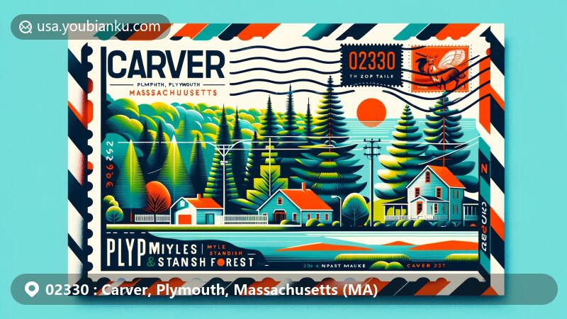 Modern illustration of Carver, Plymouth, Massachusetts displaying postal theme with ZIP code 02330, featuring pine and cedar trees, Myles Standish State Forest, and typical New England town ambiance.
