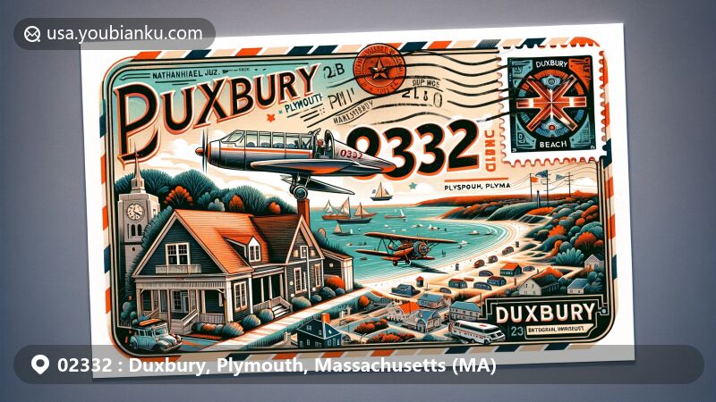 Modern postal illustration of Duxbury, Plymouth, Massachusetts, showcasing ZIP code 02332 on a vintage stamp, featuring Nathaniel Winsor Jr. House, Myles Standish Burial Ground, and Duxbury Beach.