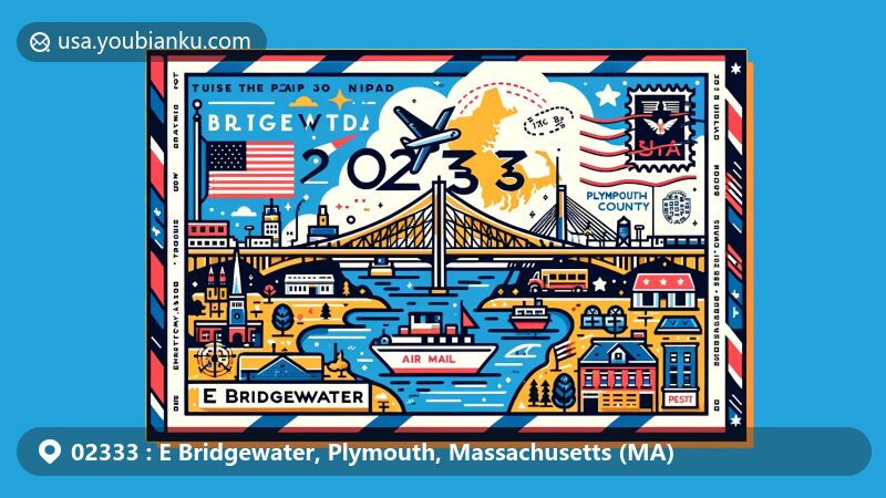 Modern illustration of E Bridgewater, Plymouth County, Massachusetts, with postal theme including state symbols and unique landmarks, featuring ZIP code 02333.