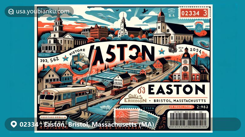 Contemporary illustration of Easton, Bristol, Massachusetts (MA), featuring H. H. Richardson Historic District, Ames Free Library, Oakes Ames Memorial Hall, and Ames Shovel Company, integrated with Borderland State Park and Hockomock Swamp, showcasing postal theme with ZIP code 02334.