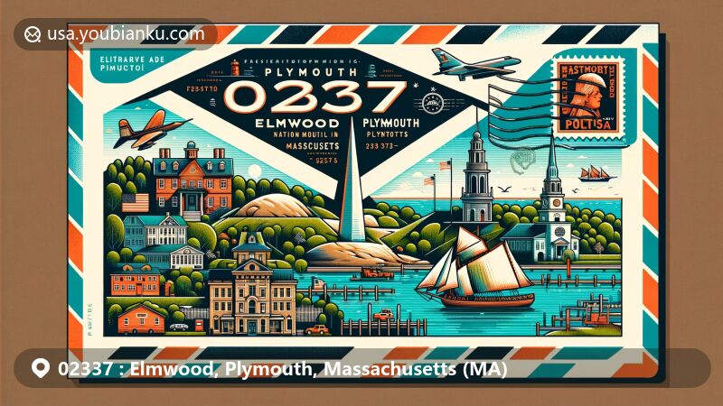 Modern illustration of Elmwood, Plymouth, Massachusetts, highlighting postal theme with ZIP code 02337, featuring Pilgrim Hall Museum, National Monument to the Forefathers, Plymouth Rock, and Plimouth Grist Mill.